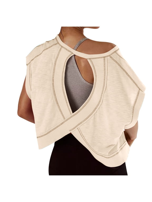 Womens Open Back Workout Tops Backless Short Sleeve Athletic Shirt Running Crop Top Gym Yoga Tee Beige S