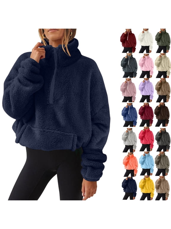 Womens Oversized Half Zip Fuzzy Sweatshirts Soft Warm Sherpa Fleece Stand Collar Sweater Cropped Pullover Tops with Pockets Green L