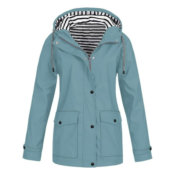 Dezsed Womens Rain Jacket with Hood Women Casaul Solid Jackets Outdoor Plus Size Drawstring Zipper Hooded Raincoat Windproof Coat Light Blue M