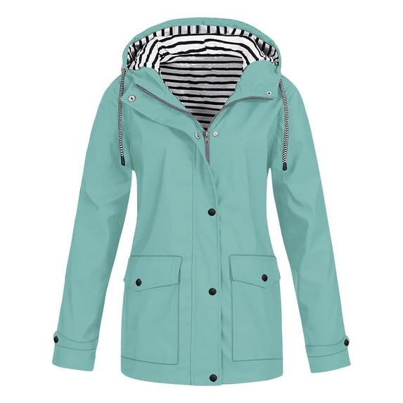 Dezsed Womens Rain Jacket with Hood Women Casaul Solid Jackets Outdoor Plus Size Drawstring Zipper Hooded Raincoat Windproof Coat Mint Green XXL