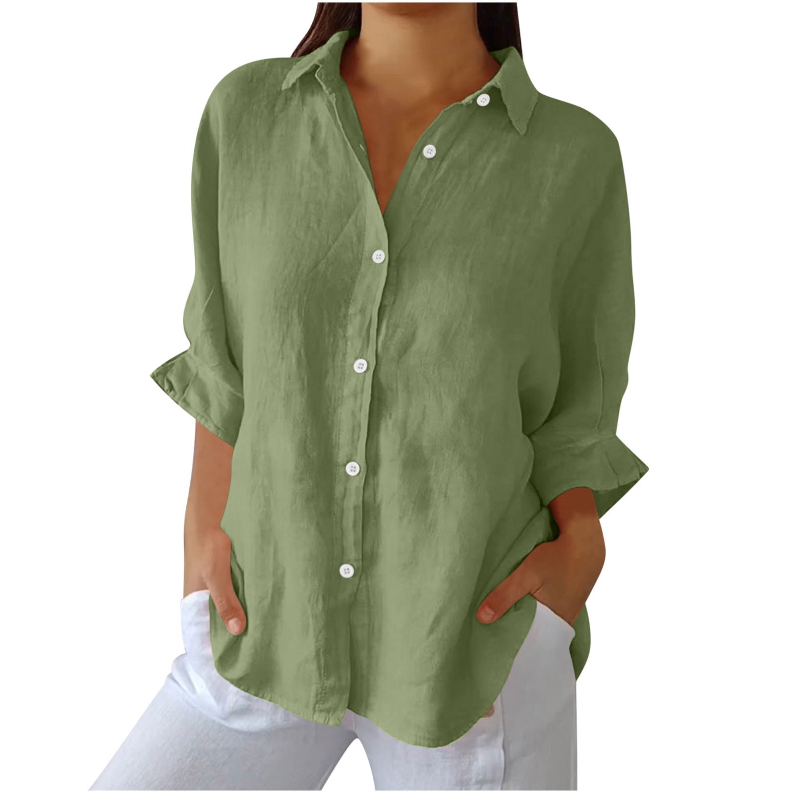 Women's Linen Short Sleeve Shirt - V Neck Button Down Casual Summer Top