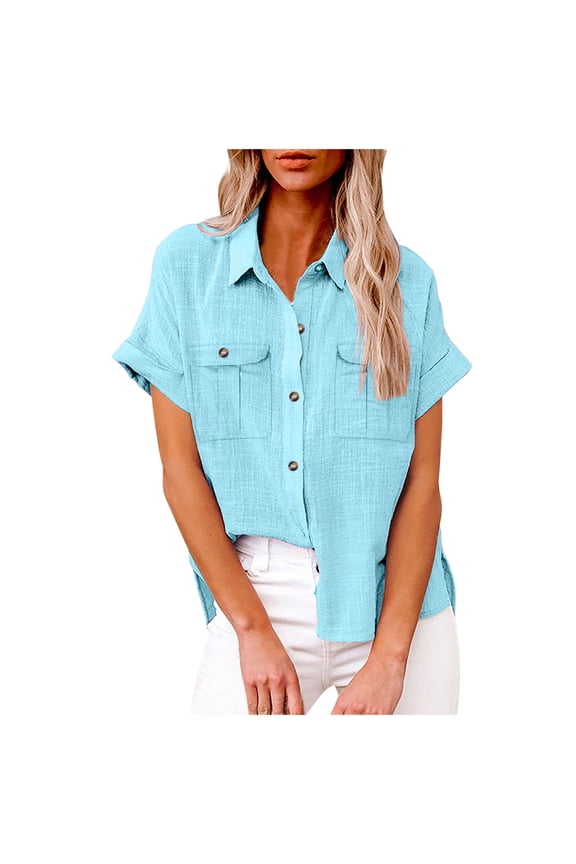Womens Short Sleeve Cotton Linen Button Shirts V Neck Collared Blouses Casual Summer Tops with Pocket Light Blue XL