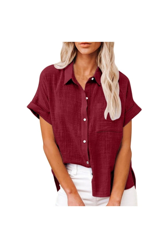 Womens Short Sleeve Shirts V Neck Collared Solid Button Shirt Casual Linen Work Blouse Tops with Pocket Red B M