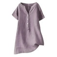 thumbnail image 1 of Dezsed Womens Short Sleeve Shirts V Neck Collared Button Cotton Linen Shirt Summer Casual Loose Blouses Light Purple XXXL, 1 of 4
