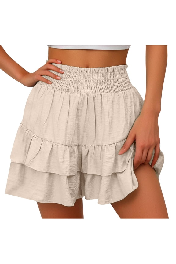 Womens Shorts Casual Boho Flowy Shorts Ruffle Mini Skirts Running Tennis Shorts Summer Elastic Waist Beach Shorts Beige L