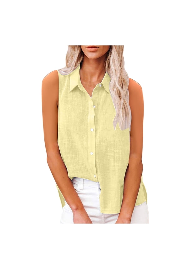 Womens Sleeveless Button Cotton Linen Shirts V Neck Casual Work Tank Tops Solid Color Basic Summer Blouse Yellow S