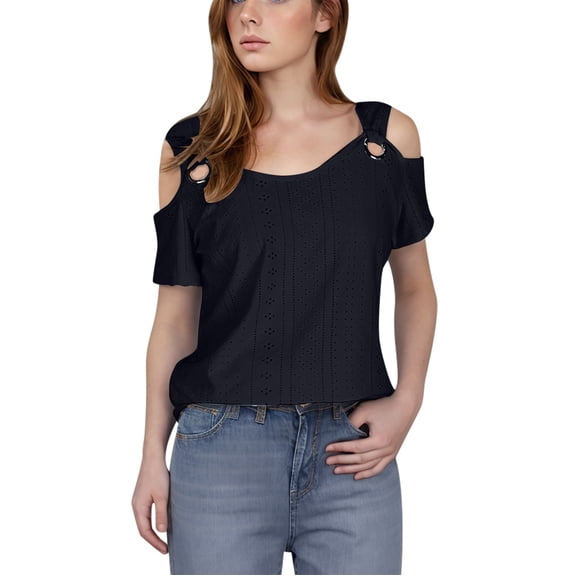 Dezsed Womens Summer Cold Shoulder Tops T Shirts Short Sleeve Solid Color Dressy Casual Blouses Shirt Navy L