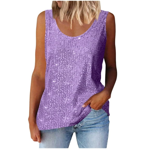 Dezsed Womens Summer Fashion Sequin Tank Tops Scoop Neck Sequin Sparkle Shimmer Sleeveless Tanks Tops Blouses Light Purple 4XL