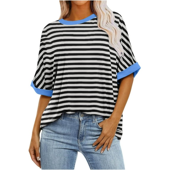 Dezsed Womens Summer Graphic Tee Tops Casual Loose Striped Print Round Neck Short Sleeved Blouse T-Shirt Black L