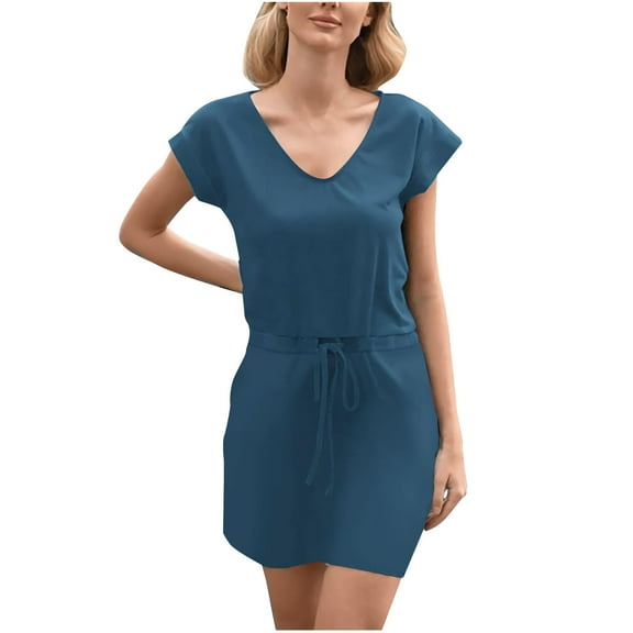 Dezsed Womens Summer Hide Belly Travel Dress Pocket 2025 Short Sleeve V Neck Drawstring Mini Casual T Shirt Dress Blue L