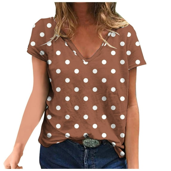 Dezsed Womens Summer T-Shirts Short Cap Sleeve Shirts V-neck Print Loose Tunic Tops Casual Tee Shirt Brown M