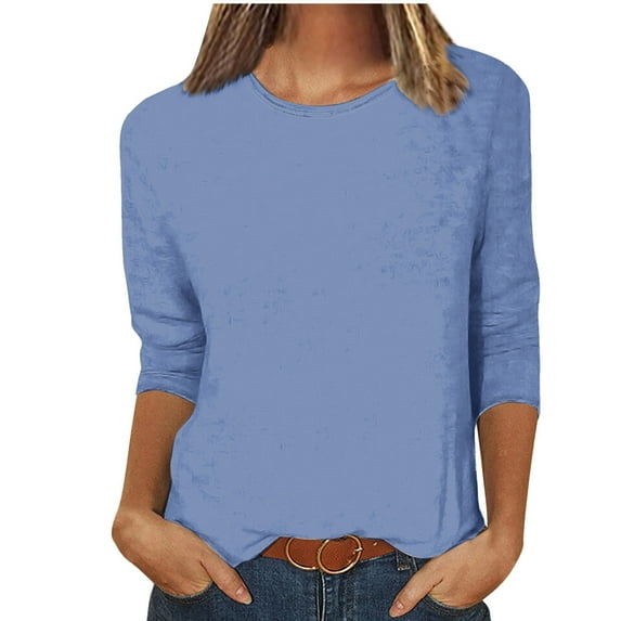 Dezsed Womens Summer Tops Solid Plus Size T-shirt 3/4 Sleeves Blouse Round Neck Casual Tees Shirt Blue XXXXL