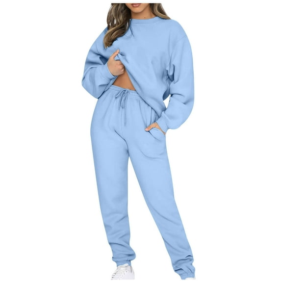 Dezsed Womens Sweatsuits Tracksuit Two Piece Outfits Casual Solid Color Jogging Sweat Suits Matching Jogger Pants Set Light Blue L