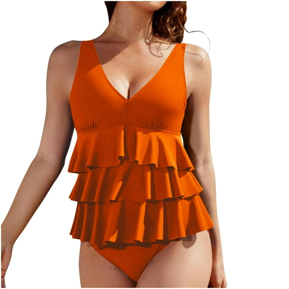 Dezsed Womens Tankini Swimsuits Ruffled Tank Top Tummy Control Bathing Suit Swimwear High Waisted Bikini Sets Orange XL