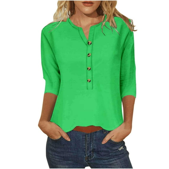 Dezsed Womens Tops 3/4 Sleeve Shirts Casual Loose Solid Button T-shirt Solid Basic Tees Summer Blouses Green XL on Clearance