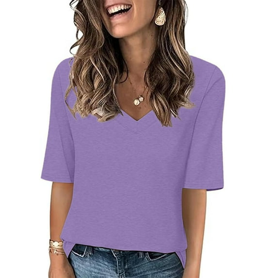 Dezsed Womens Tops Summer 2025 Casual Shirts Fashion Loose Cute T Shirt 1/2 Sleeve Tops Solid Basic Blouses Light Purple S