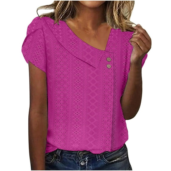 Dezsed Womens Tshirts Trendy Fashion Tops V Neck Short Sleeve Business Tee Shirts Casual Blouses Summer Outfits Hot Pink L