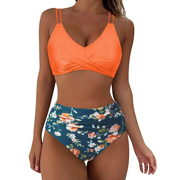 Dezsed Womens Two Piece Swimsuits High Waisted Bottom Tummy Control Bathing Suits Vintage Print Wrap Front Bikini Swimwear Orange XXL