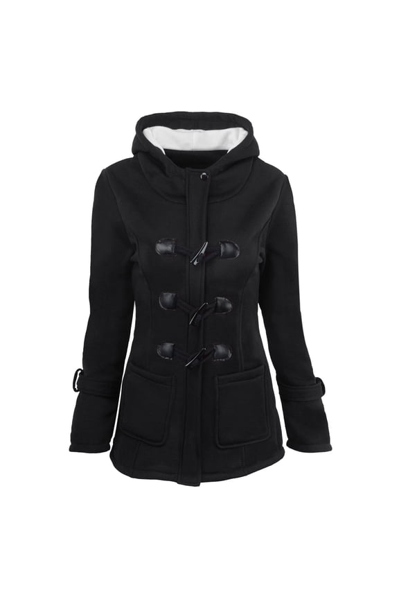 Womens Winter Coat Hooded Jackets Women Solid Color Horn Buttons Cardigan Padded Hooded Coat Jacket Overcoat Black XXXXL