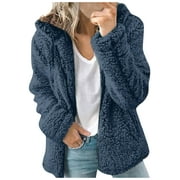 Dezsed Womens Winter Sherpa Fleece Jacket Clearance Fashion Women Casual Solid Hooded Plush Warm Jackets Zipper Cardigan Tops Coat Blue M
