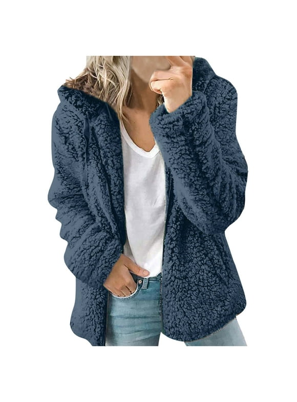 Womens Winter Sherpa Fleece Jacket Fashion Women Casual Solid Hooded Plush Warm Jackets Zipper Cardigan Tops Coat Blue M