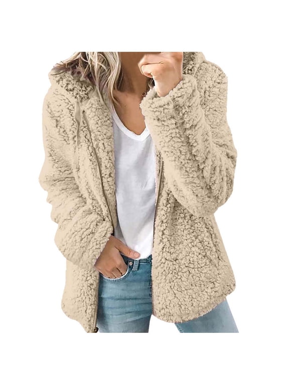 Womens Winter Sherpa Jacket Coat Fashion Womens Warm Faux Coat Jacket Winter Zipper Solid Long Sleeve Outerwear Khaki L