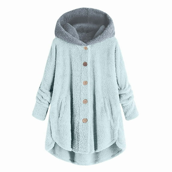 Dezsed Womens Winter Warm Fleece Jacket Coat Clearance Women Plus Size Button Plush Tops Hooded Loose Cardigan Wool Coat Winter Jacket Light Blue XXXXL