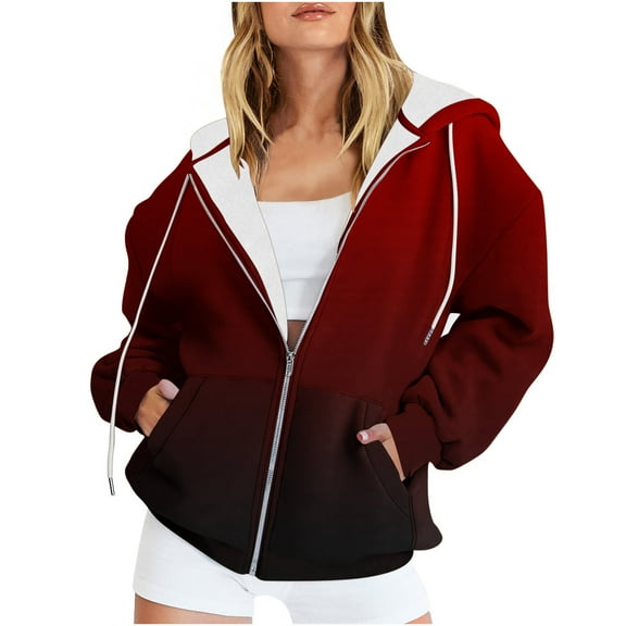 Dezsed Zip Up Hoodie Women Women's Casual Printed Zippered Long Sleeved Hooded Sweater Jacket Top Wine XL
