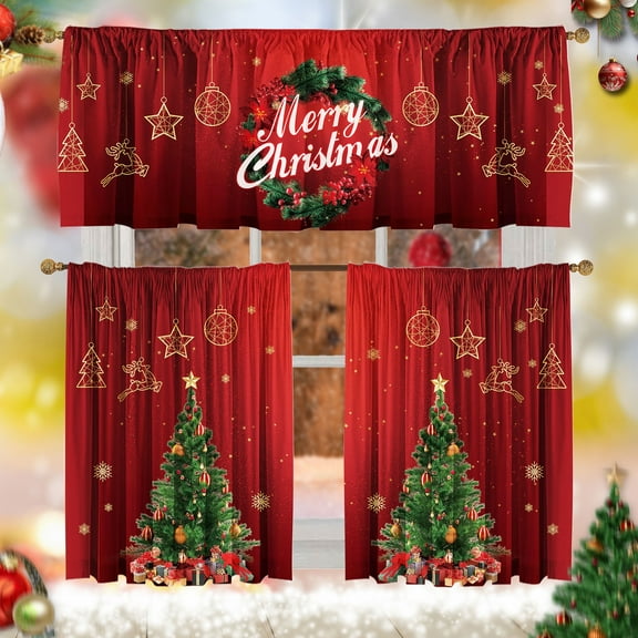 Deztibos Christmas Curtain Valances for Kitchen 3 Piece Set 52'' Lx18'' W & 36'' L x 26'' W x2 Red