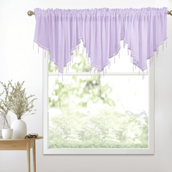 Dezytech Sheer Beaded Valance Curtain for Bedroom, 51" x 24" Rod Pocket Short Curtain Panel - Country Scalloped Window Treatment for Farmhouse, Kitchen, Bathroom, Cafe