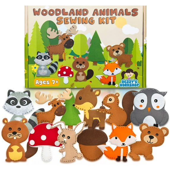 Dezzy's Workshop Sewing Kit for Kids - Woodland Animals Kids Sewing Kit - Make Your Own Stuffed Animal Kit - Felt Stitch Art and Craft Toys for Boys and Girls - Childrens DIY Crafting and Sewing