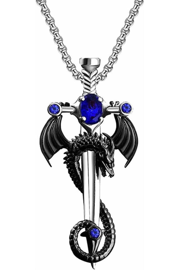 Gothic Dragon Sword Cross Pendant Necklace,Punk Zircon Dragon Pendant Chian,Vintage Dark Jewelry for Men & Women
