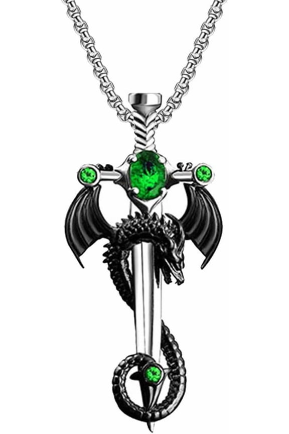 Gothic Dragon Sword Cross Pendant Necklace,Punk Zircon Dragon Pendant Chian,Vintage Dark Jewelry for Men & Women