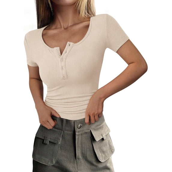 Dford Womens 2026 Summer Short Sleeve Tops Ribbed Henley Button Slim Fit Basic Casual T Shirts Blouse Fashion Clothing