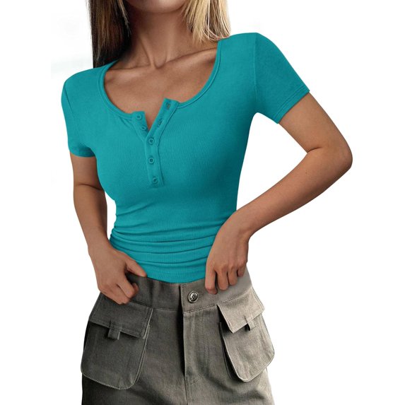 Dford Womens 2026 Summer Short Sleeve Tops Ribbed Henley Button Slim Fit Basic Casual T Shirts Blouse Fashion Clothing