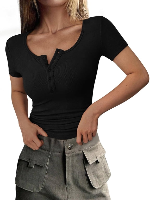 Womens 2026 Summer Short Sleeve Tops Ribbed Henley Button Slim Fit Basic Casual T Shirts Blouse Fashion Clothing