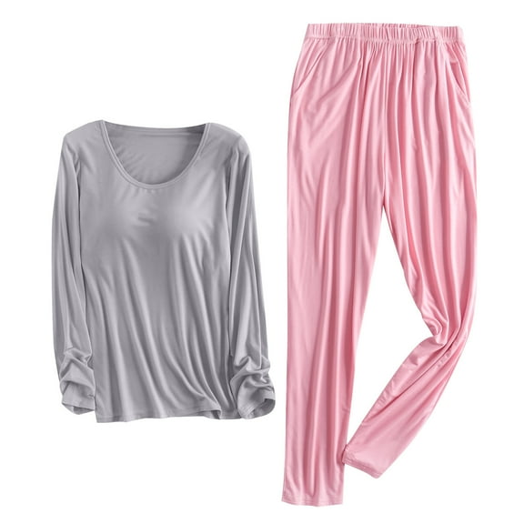 Dgankt 2 Piece Sets for Women Casual Loose Solid Color Round Neck Long Sleeve with Chest Pad Trousers Home Wear Set,Size M-2XL