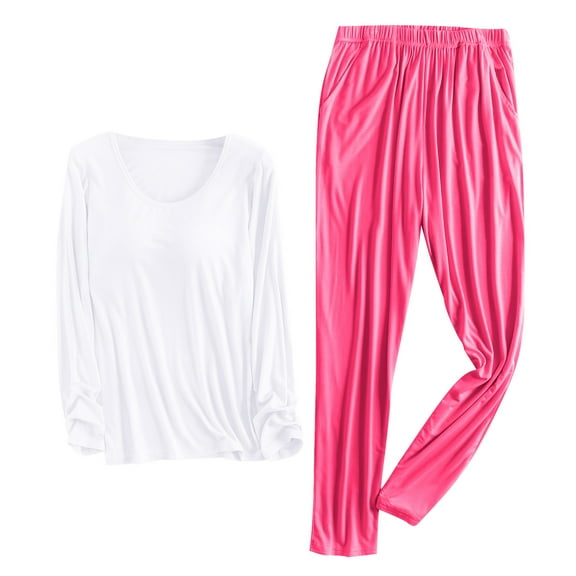 Dgankt 2 Piece Sets for Women Solid Color Round Neck Long Sleeve with Chest Pad Trousers Home Wear Set,Size M-2XL