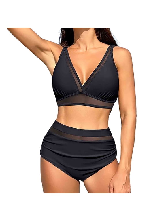 Bikini Sets for Women Bathing Set Mesh Panel Deep V High Waisted Ruched Two Piece Swimsuit,Sizes S-2XL
