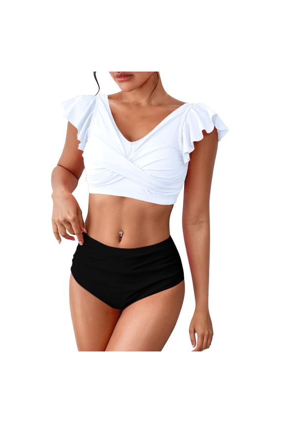 Bikini Sets for Women High Waisted Color Blocked Two Piece Swimsuits Ruffled Sleeve Conservative Fitted Bathing Suit,Sizes S-2XL
