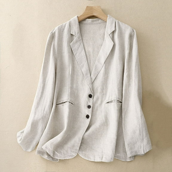 Dgankt Blazers for Women Spring Summer Linen Casual Long Sleeve Trun Down Collar Blouse Loose,Size M-2XL