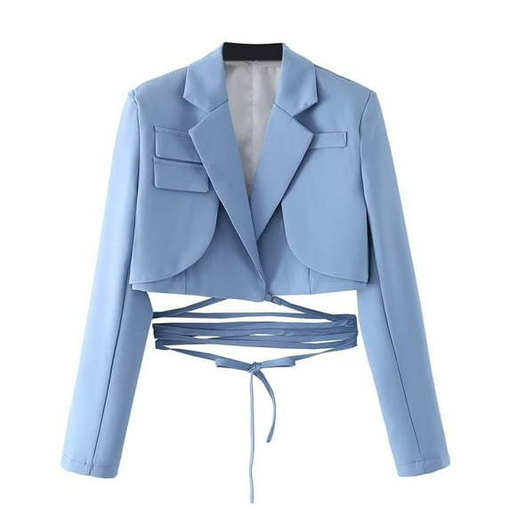 Dgankt Blazers for Women Women's Solid Color Long Sleeve Waist Tie Short Suit Jacket Long Sleeve Casual Jacket/Coat