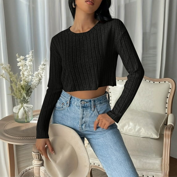 Dgankt Boho Tops for Women Women's Brushed Ribbed Crew Neck Long-Sleeve Pullover Stand Collar Ribbed Knit T-Shirt Top