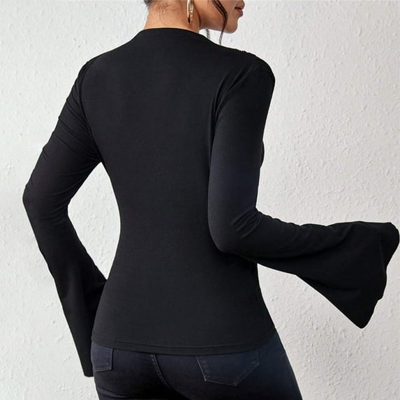 Dgankt Boho Tops for Women Women's Long Sleeve Shirts Fall Crop Going Out Tops Casual Boat Neck Bell Sleeve Ribbed Ruched Y2K Clothes