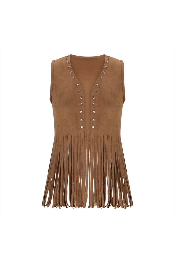 Dgankt Boho Tops for Women Women's Plus Size Western Wear Cowgirl Outfits Fringe Trim Open Front Sleeveless Faux Suede Vest Jacket