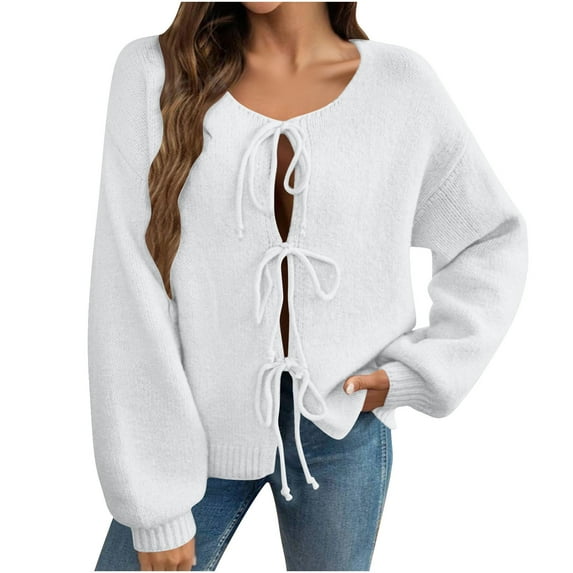 Dgankt Boho Tops for Women Women's Tie Front Bow Cardigan Sweaters Chunky Knit Long Puff Sleeve Trendy Fall Winter Jacket Coats