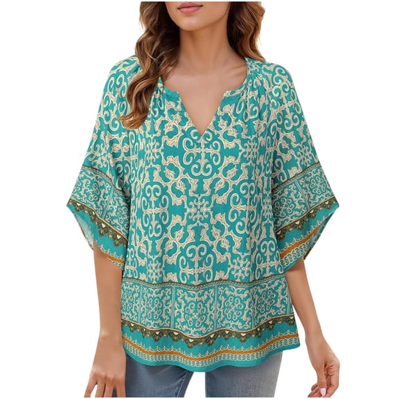 Dgankt Boho Tops for Women Printed V Neck Half 3/4 Sleeve Shirts Casual Loose Fit Bohemian Blouses,Sizes S-2XL