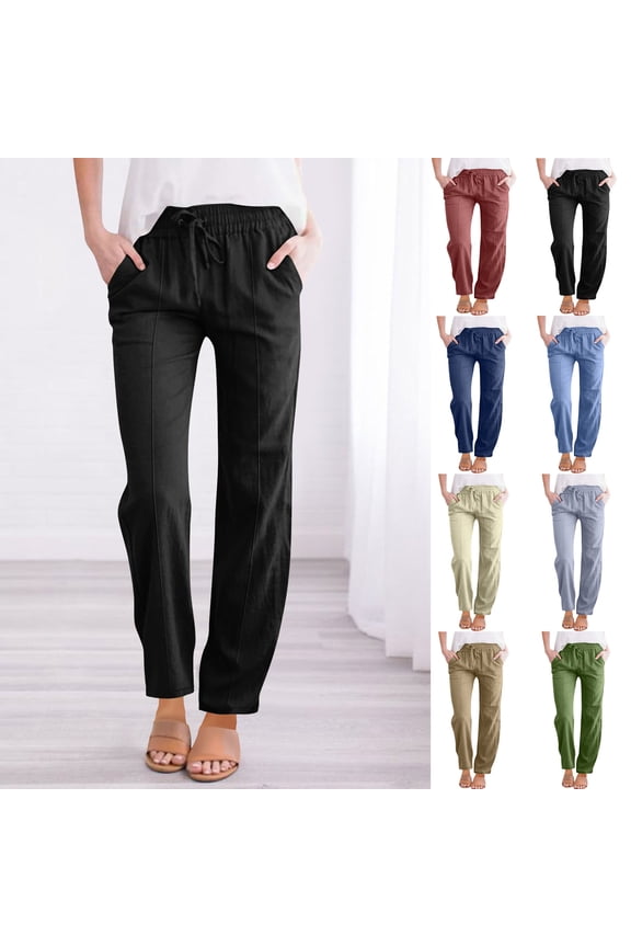Breathable Linen Pants Women's Tapered Pants 100% Linen Drawstring Back Elastic Waist Ankle Length Pants Loose Fit Wide Leg Pants Plus Size Womens Clothing