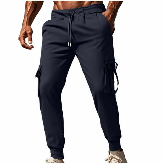 Dgankt Cargo pants for Men Casual Solid Color Drawstring Elastic Waist Pocket Zipper Sports Pants,Sizes S-3XL