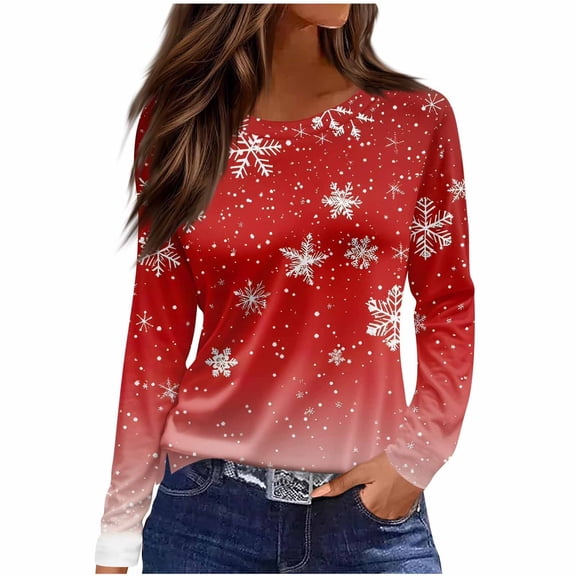 Dgankt Christmas Blouses for Women Casual Long Sleeve Shirts Printing Round Neck Loose Tops,Sizes S-2XL